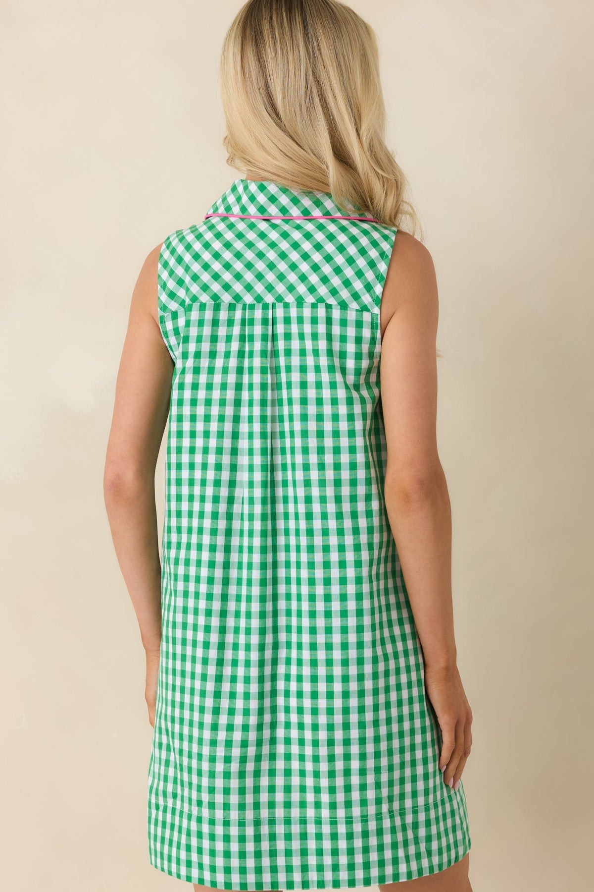 Summer Side Dish Green Gingham Cotton Mini Shift Dress