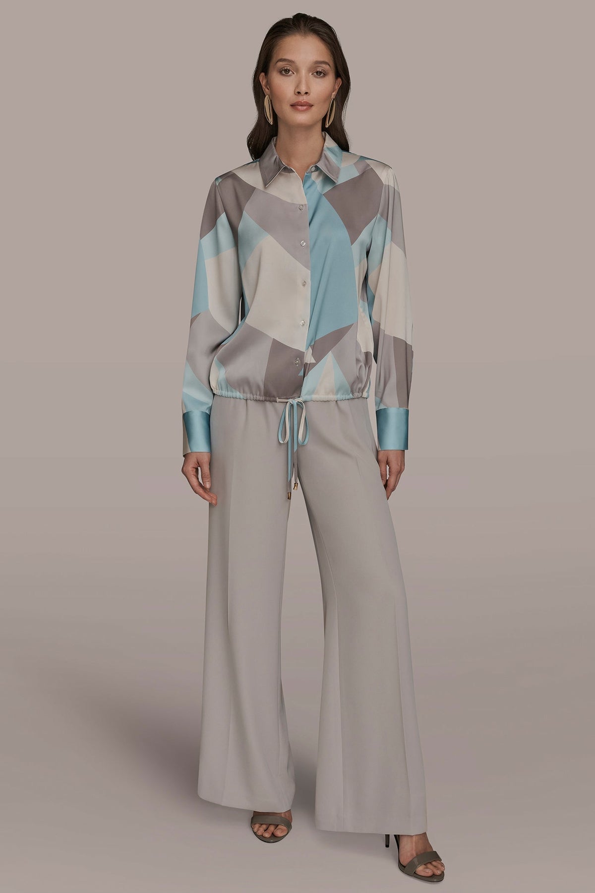 LONG-SLEEVE PRINTED DRAWSTRING BLOUSE