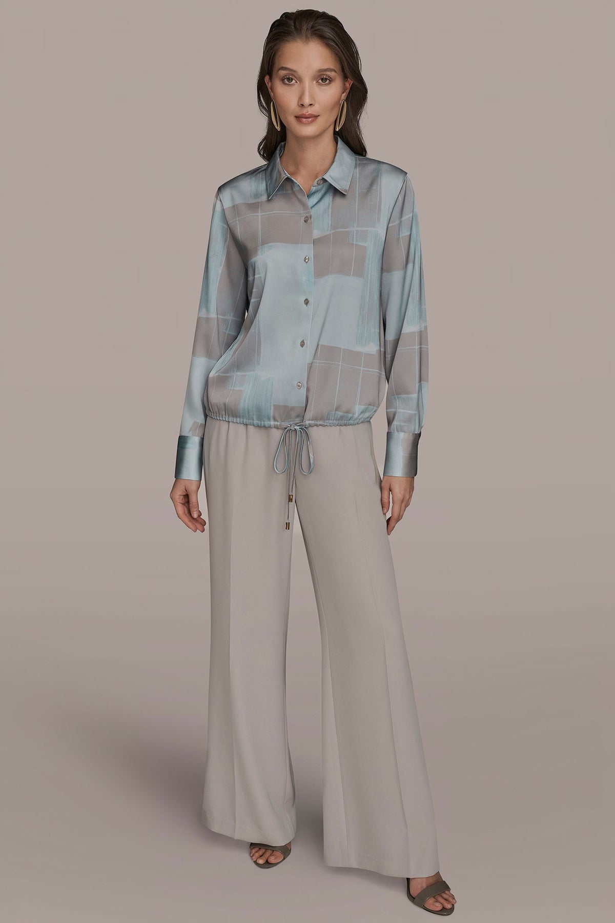 LONG-SLEEVE PRINTED DRAWSTRING BLOUSE