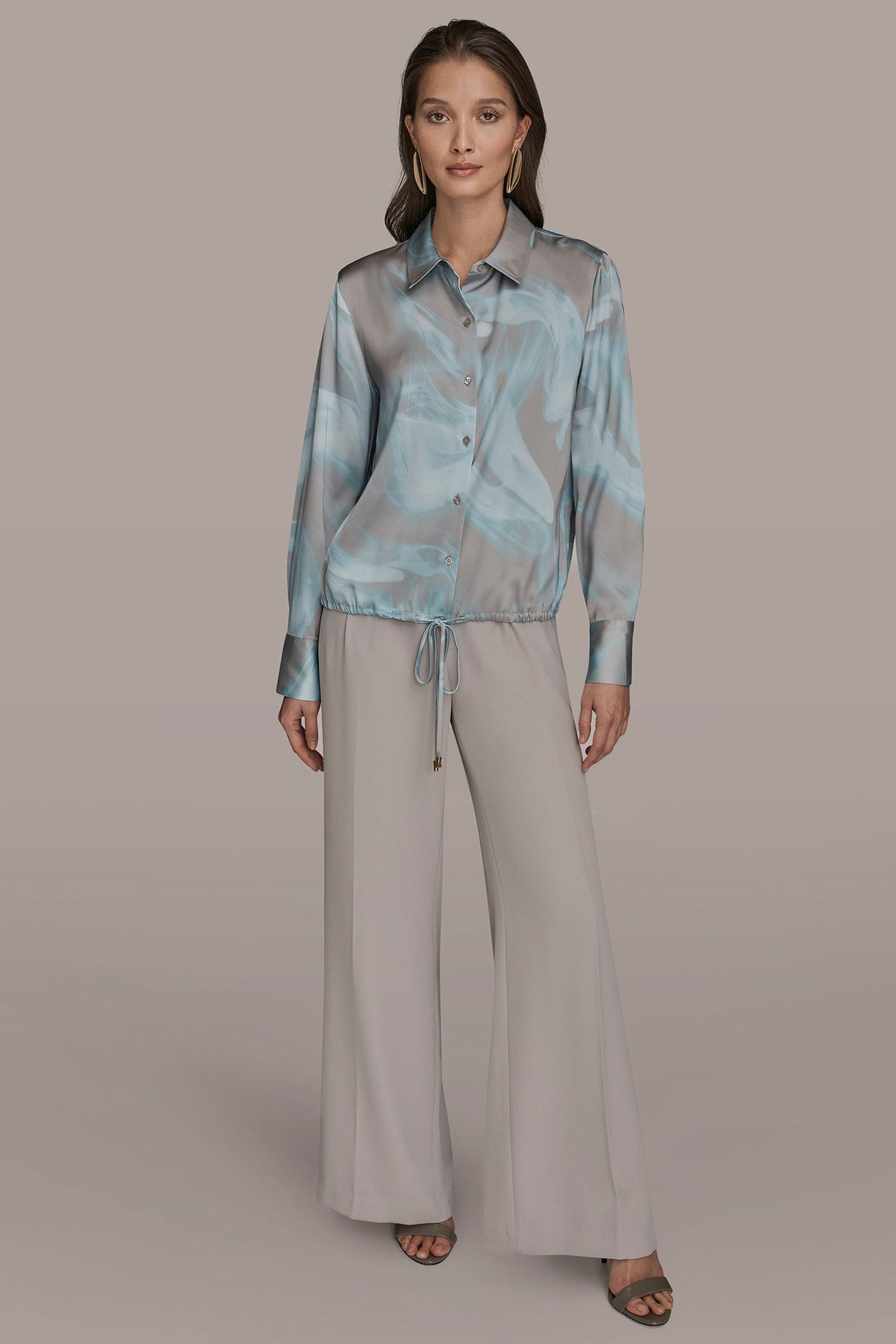 LONG-SLEEVE PRINTED DRAWSTRING BLOUSE