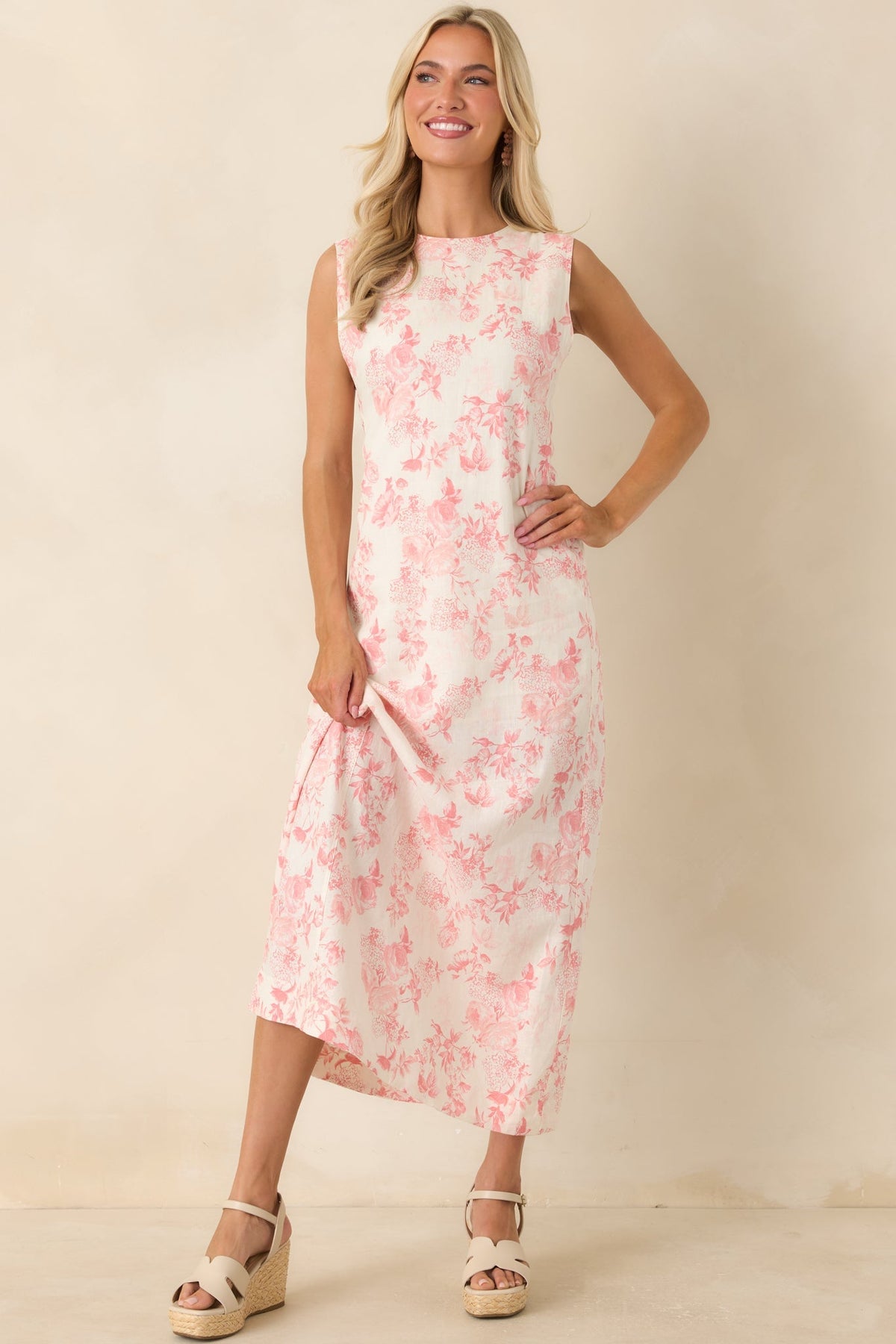 Everything I Imagined Ivory & Pink Linen Blend Floral Maxi Dress