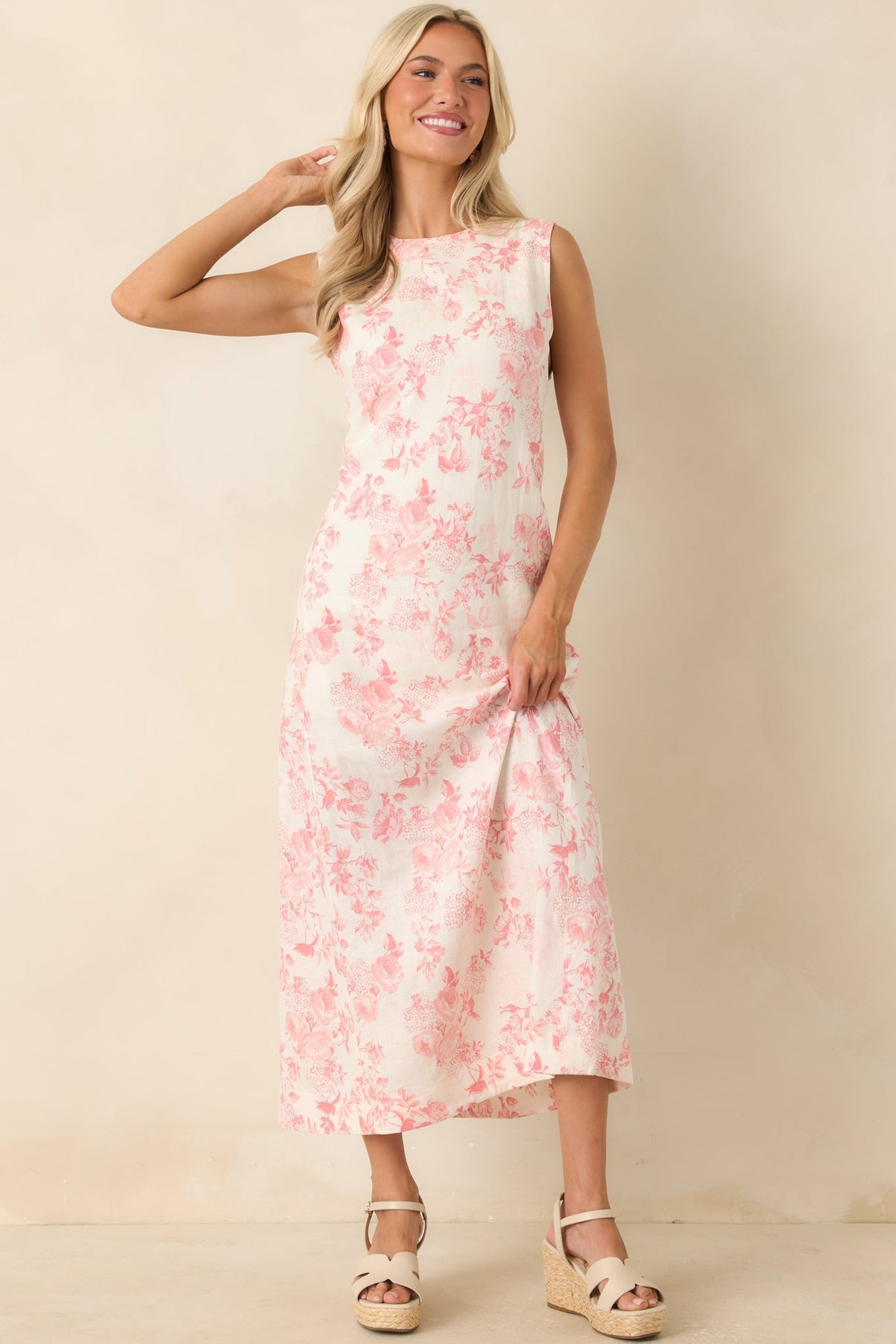 Everything I Imagined Ivory & Pink Linen Blend Floral Maxi Dress