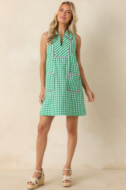 Summer Side Dish Green Gingham Cotton Mini Shift Dress