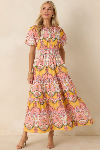 Love You More Pink & Marigold Scarf Print Cotton Midi Dress