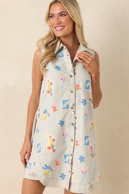 Field Notes Blue Multi Floral Stripe Cotton Mini Shirt Dress