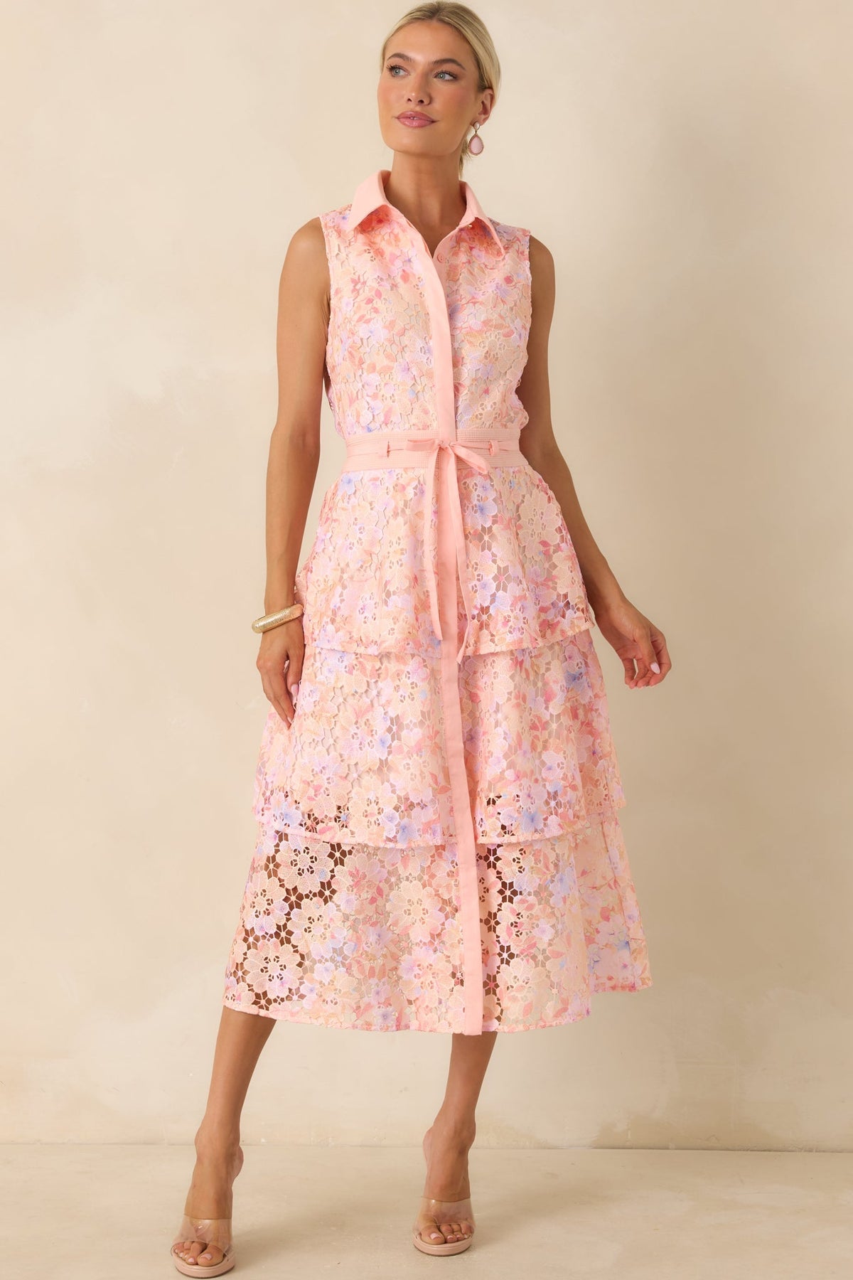 Blush Garden Pink Multi Floral Lace Midi Dress
