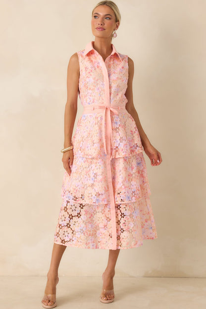 Blush Garden Pink Multi Floral Lace Midi Dress