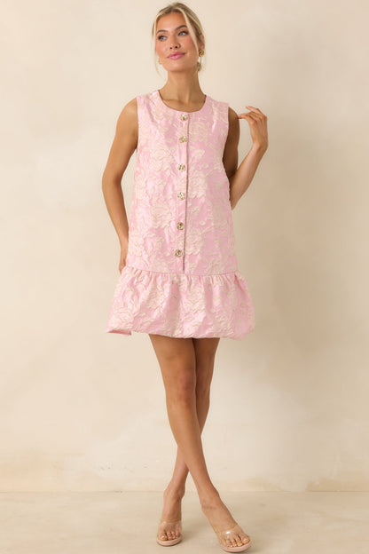 Something About Her Pink Metallic Floral Jacquard Button Front Mini Dress