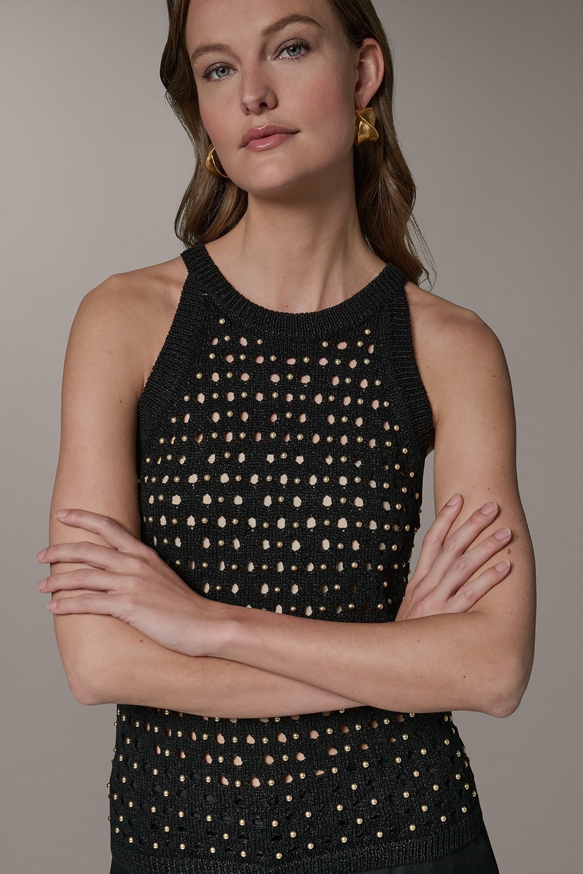 SLEEVELESS OPEN-STITCH HALTER SWEATER