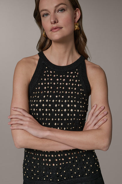 SLEEVELESS OPEN-STITCH HALTER SWEATER