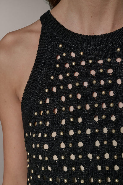 SLEEVELESS OPEN-STITCH HALTER SWEATER