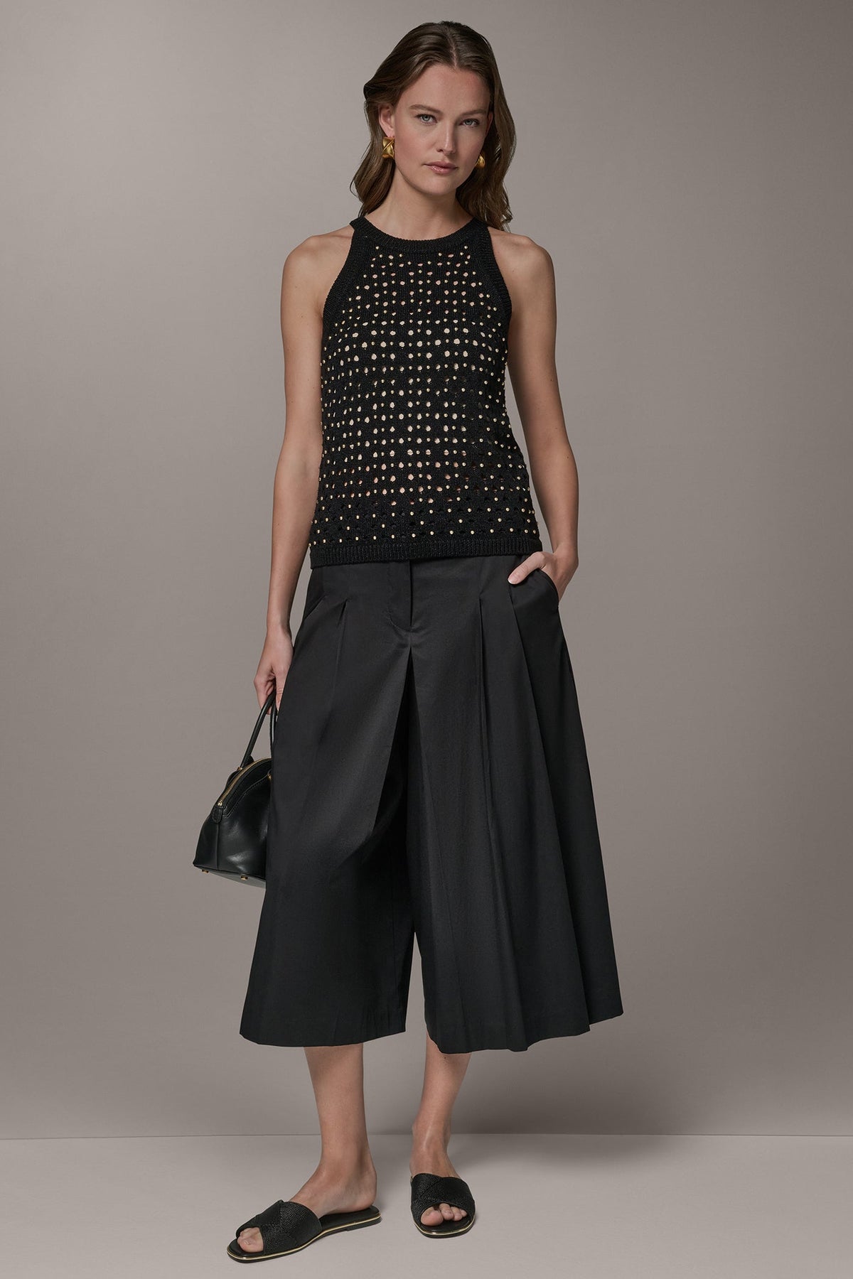 SLEEVELESS OPEN-STITCH HALTER SWEATER