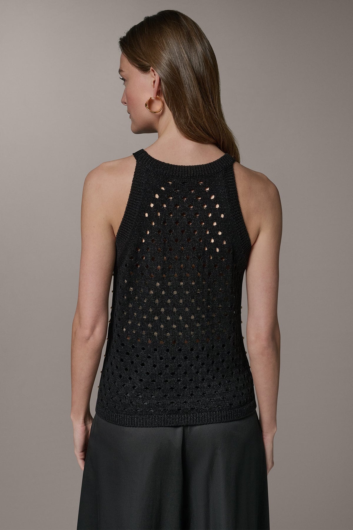 SLEEVELESS OPEN-STITCH HALTER SWEATER