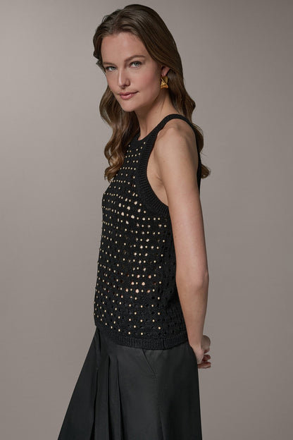 SLEEVELESS OPEN-STITCH HALTER SWEATER