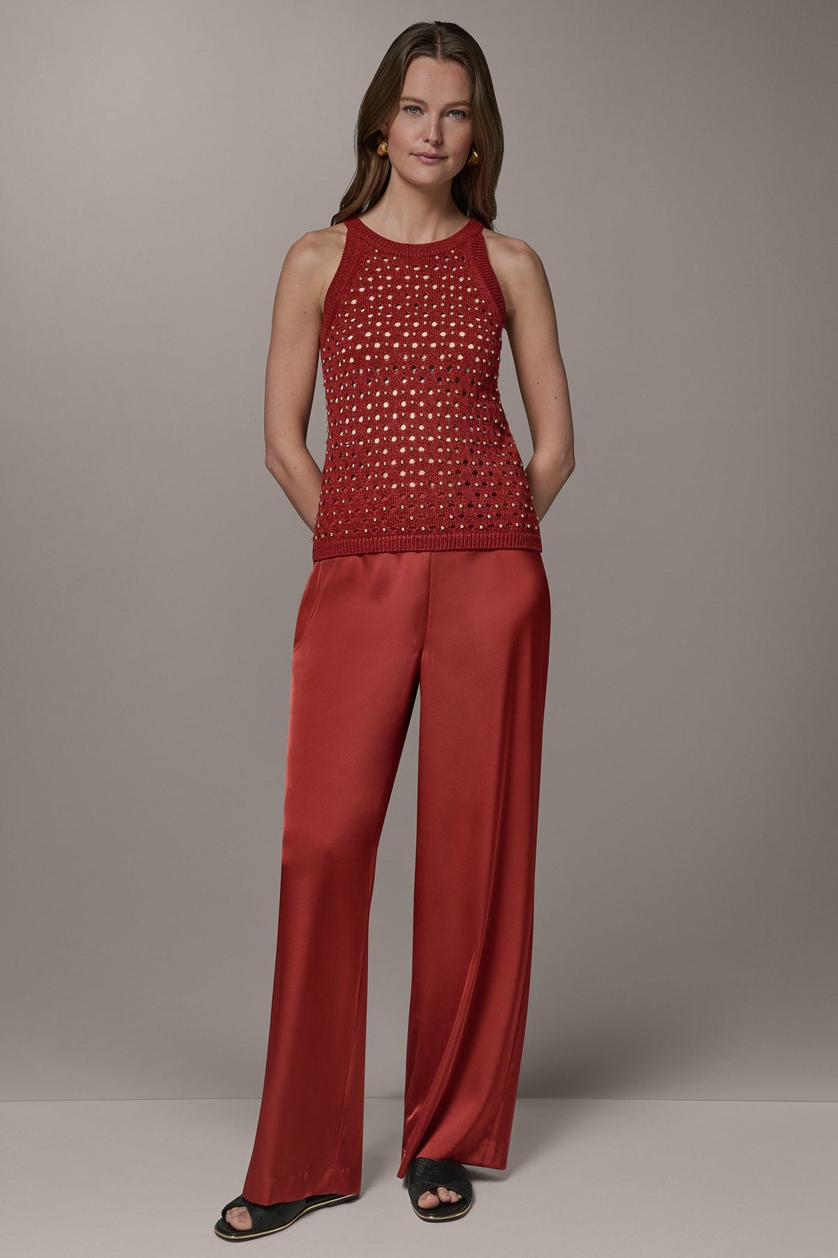 SLEEVELESS OPEN-STITCH HALTER SWEATER