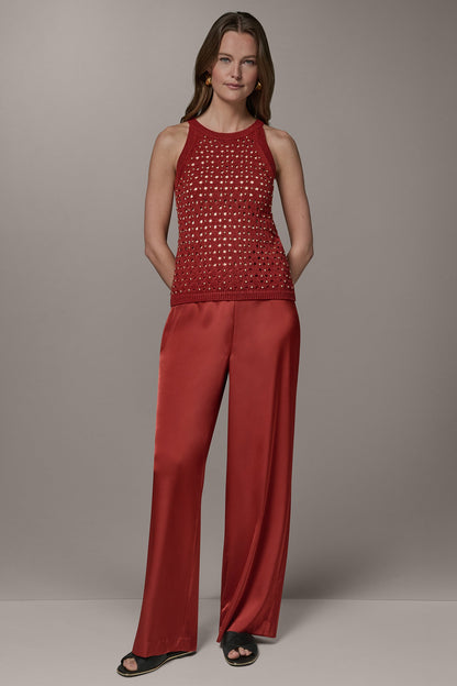 SLEEVELESS OPEN-STITCH HALTER SWEATER