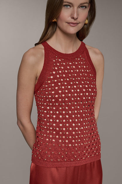 SLEEVELESS OPEN-STITCH HALTER SWEATER