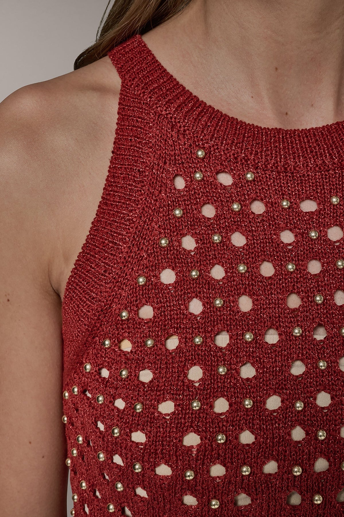 SLEEVELESS OPEN-STITCH HALTER SWEATER