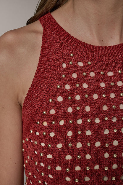 SLEEVELESS OPEN-STITCH HALTER SWEATER