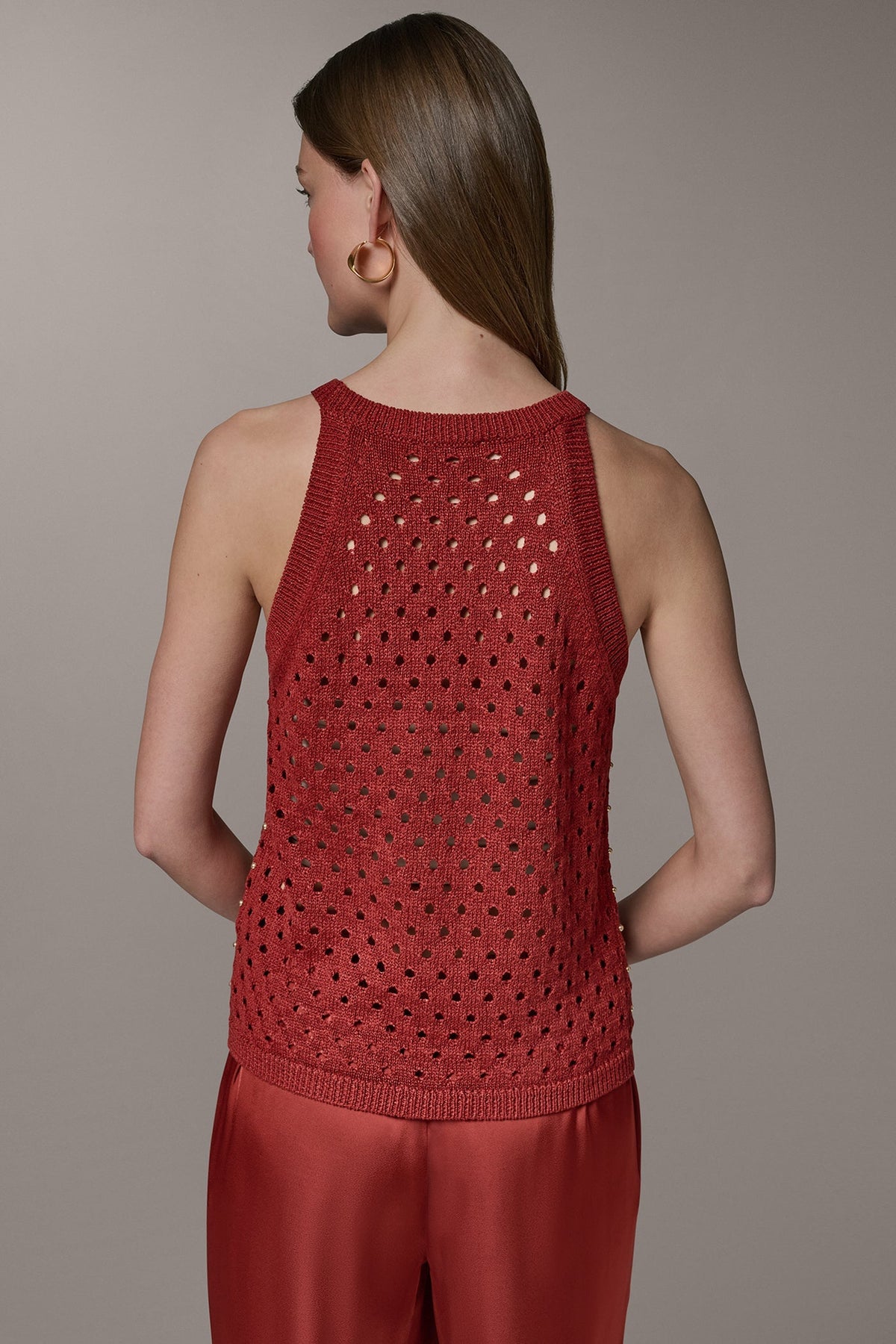 SLEEVELESS OPEN-STITCH HALTER SWEATER