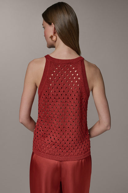 SLEEVELESS OPEN-STITCH HALTER SWEATER