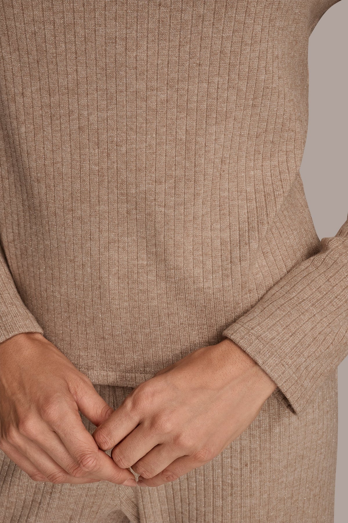 METALLIC COWL-NECK RIB-KNIT BLOUSE