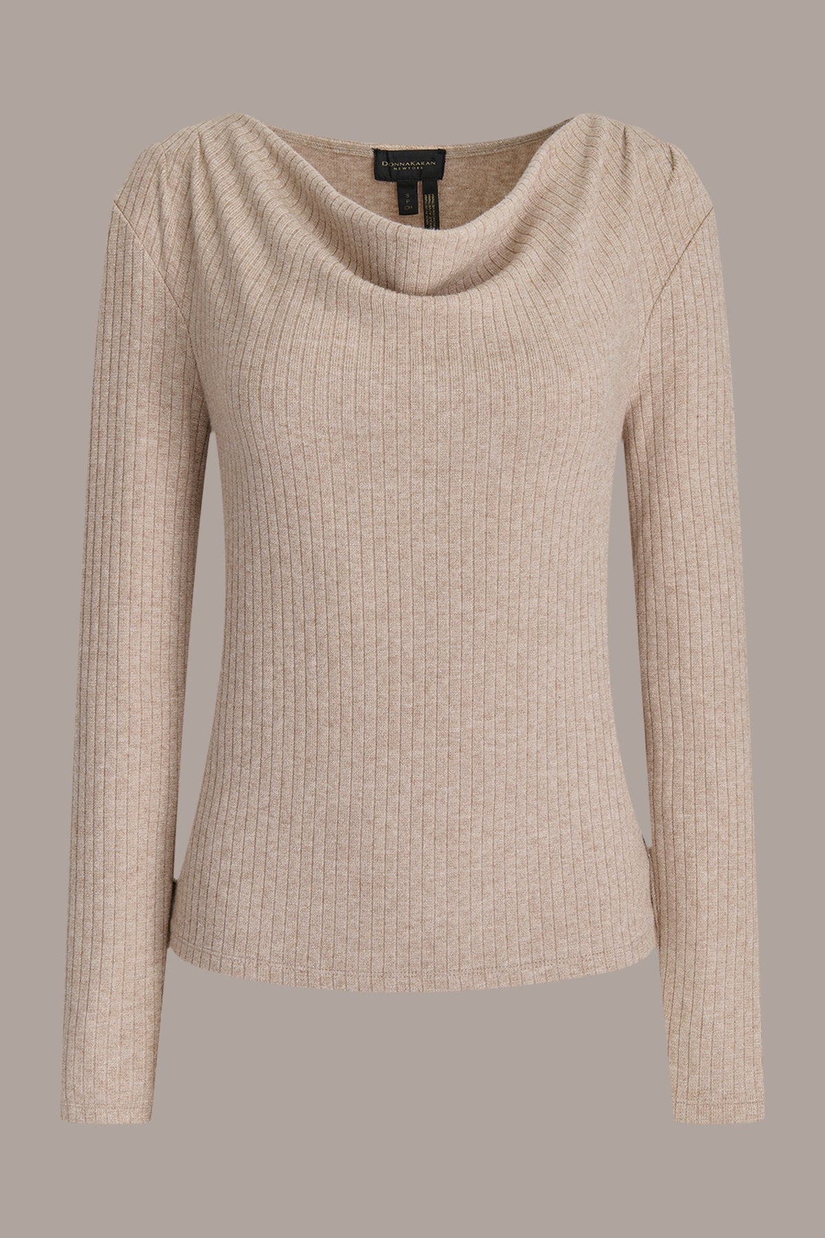 METALLIC COWL-NECK RIB-KNIT BLOUSE