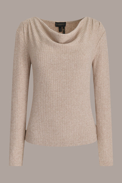 METALLIC COWL-NECK RIB-KNIT BLOUSE