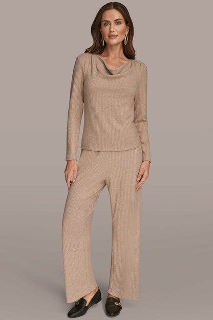 METALLIC COWL-NECK RIB-KNIT BLOUSE