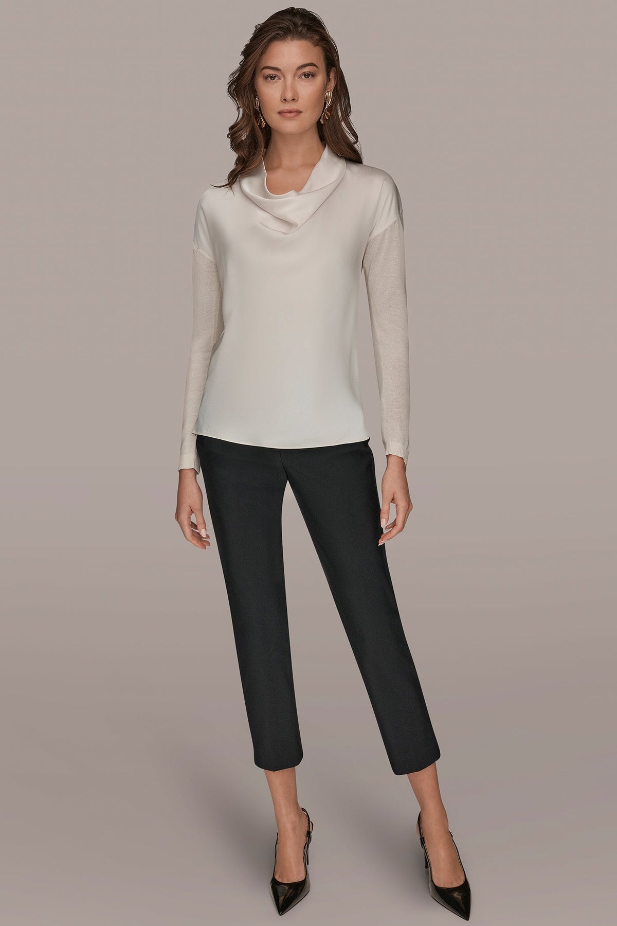 LONG SLEEVE COWL-NECK MIXED-MEDIA SWEATER