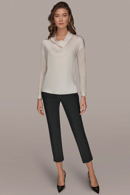 LONG SLEEVE COWL-NECK MIXED-MEDIA SWEATER