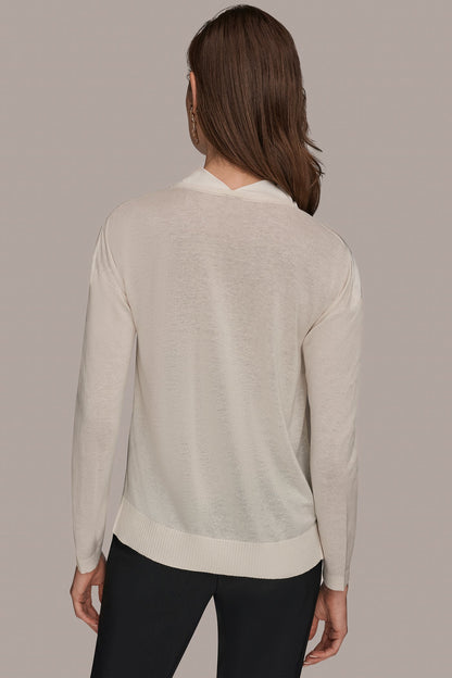 LONG SLEEVE COWL-NECK MIXED-MEDIA SWEATER