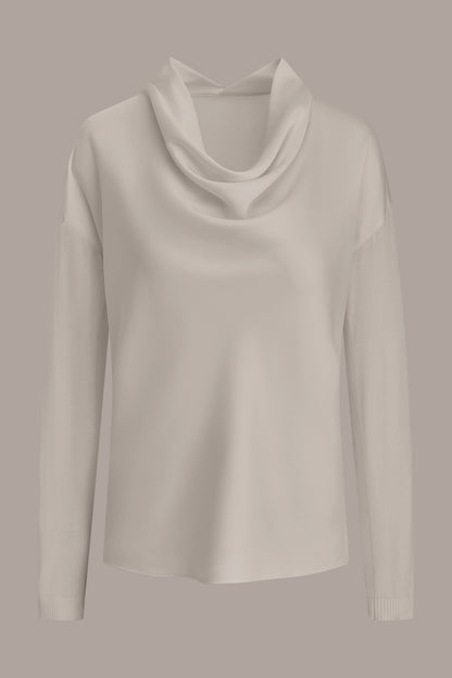 LONG SLEEVE COWL-NECK MIXED-MEDIA SWEATER