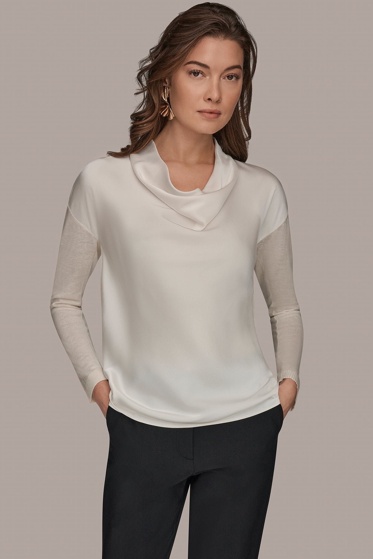 LONG SLEEVE COWL-NECK MIXED-MEDIA SWEATER