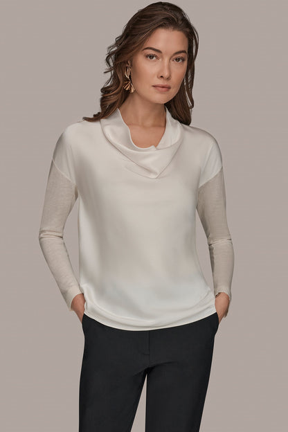 LONG SLEEVE COWL-NECK MIXED-MEDIA SWEATER