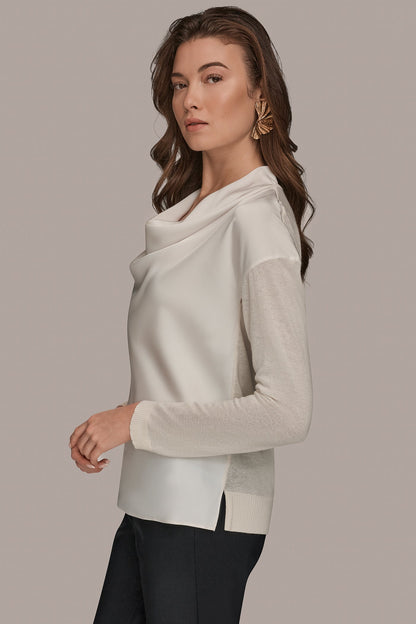 LONG SLEEVE COWL-NECK MIXED-MEDIA SWEATER