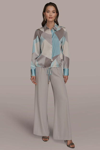 LONG-SLEEVE PRINTED DRAWSTRING BLOUSE