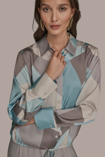 LONG-SLEEVE PRINTED DRAWSTRING BLOUSE