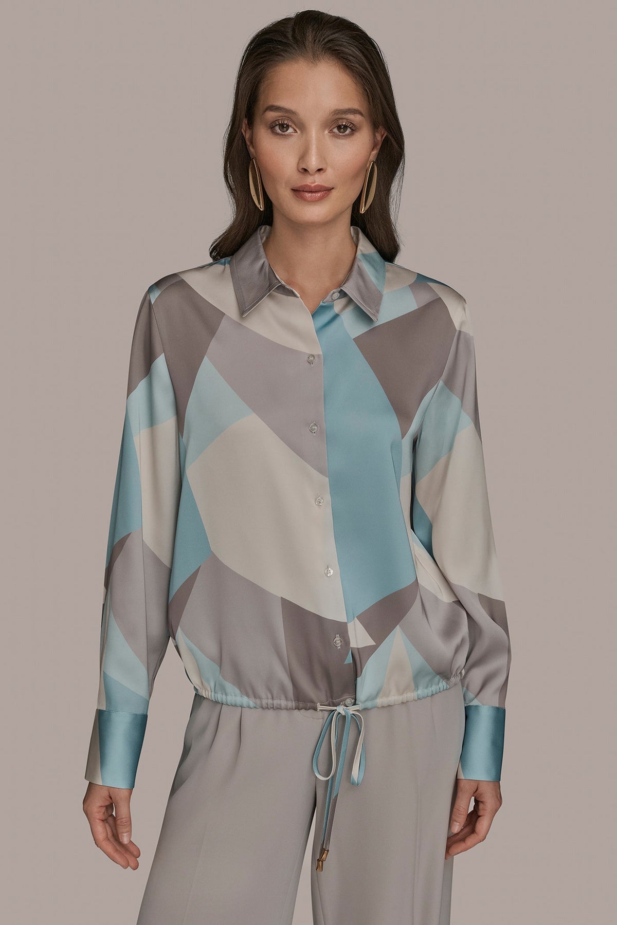 LONG-SLEEVE PRINTED DRAWSTRING BLOUSE