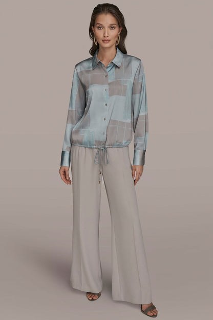 LONG-SLEEVE PRINTED DRAWSTRING BLOUSE