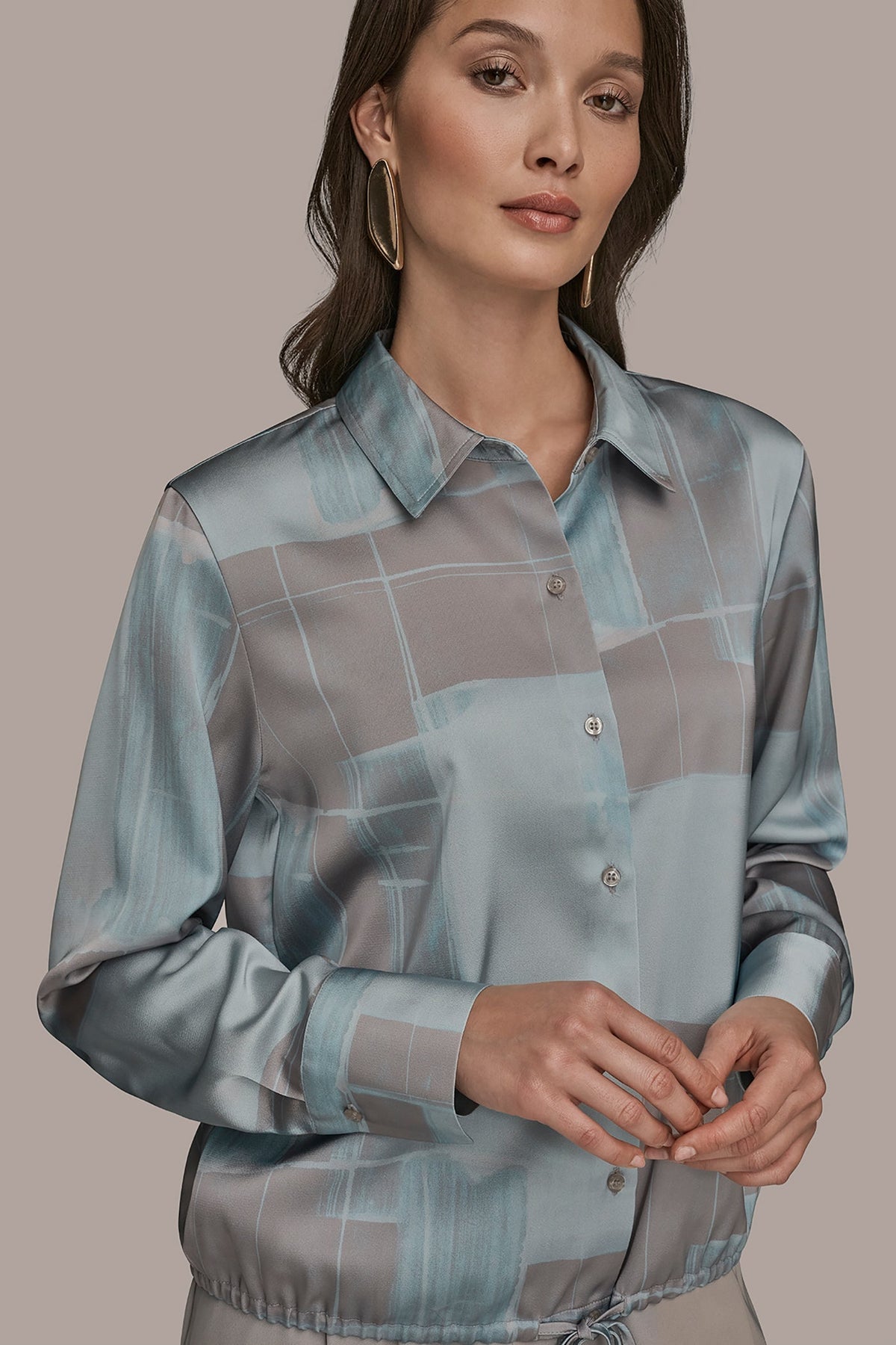LONG-SLEEVE PRINTED DRAWSTRING BLOUSE