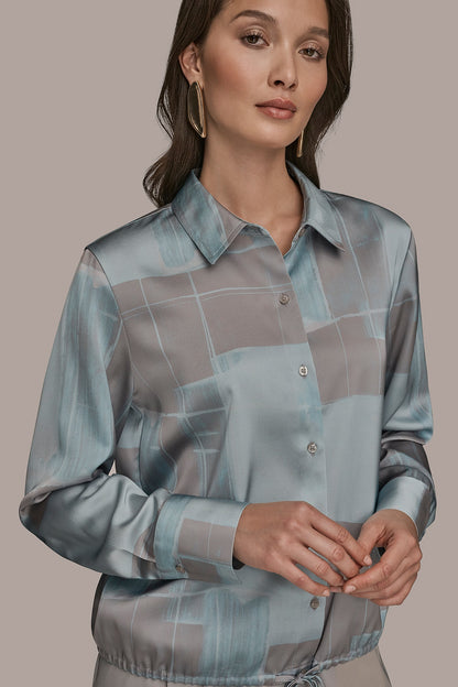 LONG-SLEEVE PRINTED DRAWSTRING BLOUSE