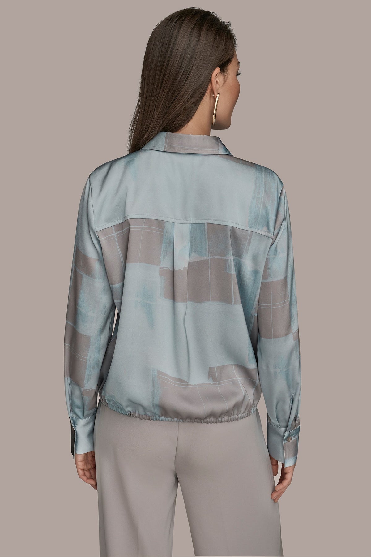LONG-SLEEVE PRINTED DRAWSTRING BLOUSE