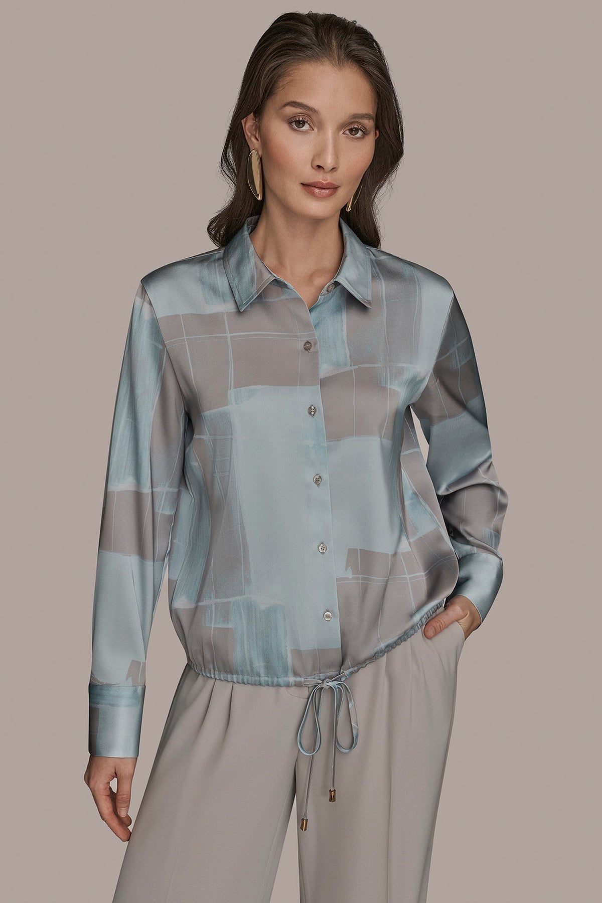 LONG-SLEEVE PRINTED DRAWSTRING BLOUSE