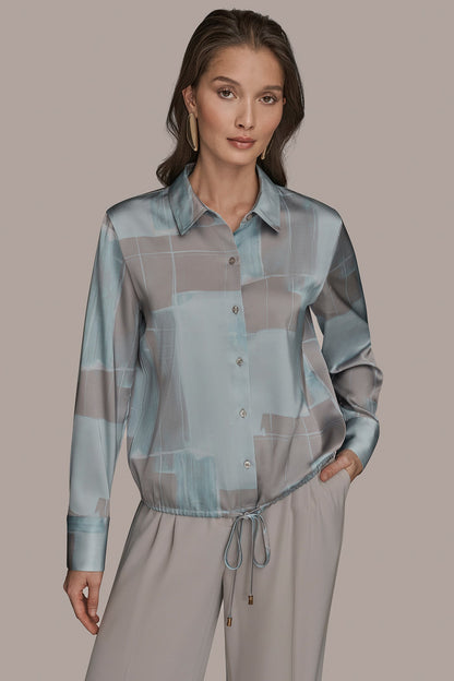 LONG-SLEEVE PRINTED DRAWSTRING BLOUSE