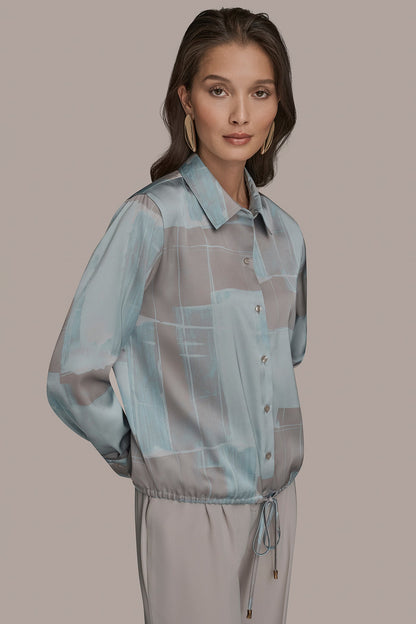 LONG-SLEEVE PRINTED DRAWSTRING BLOUSE