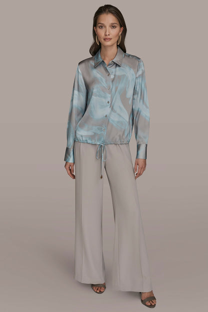 LONG-SLEEVE PRINTED DRAWSTRING BLOUSE