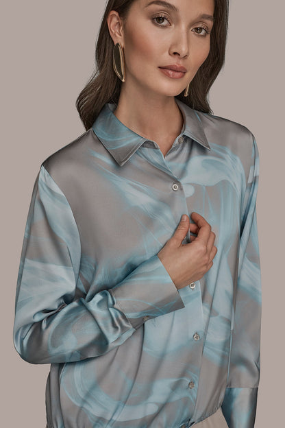 LONG-SLEEVE PRINTED DRAWSTRING BLOUSE