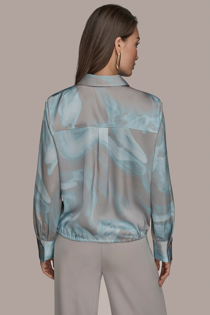 LONG-SLEEVE PRINTED DRAWSTRING BLOUSE