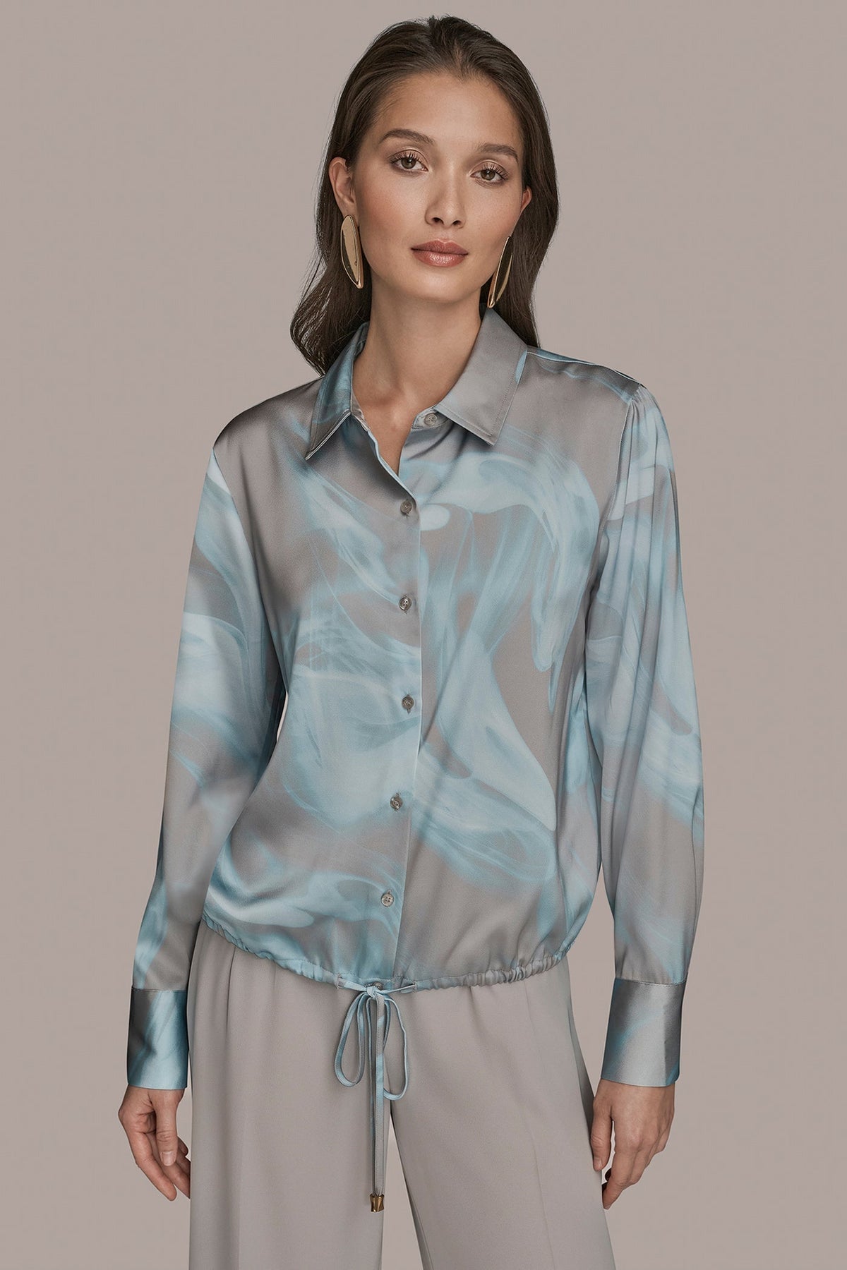 LONG-SLEEVE PRINTED DRAWSTRING BLOUSE